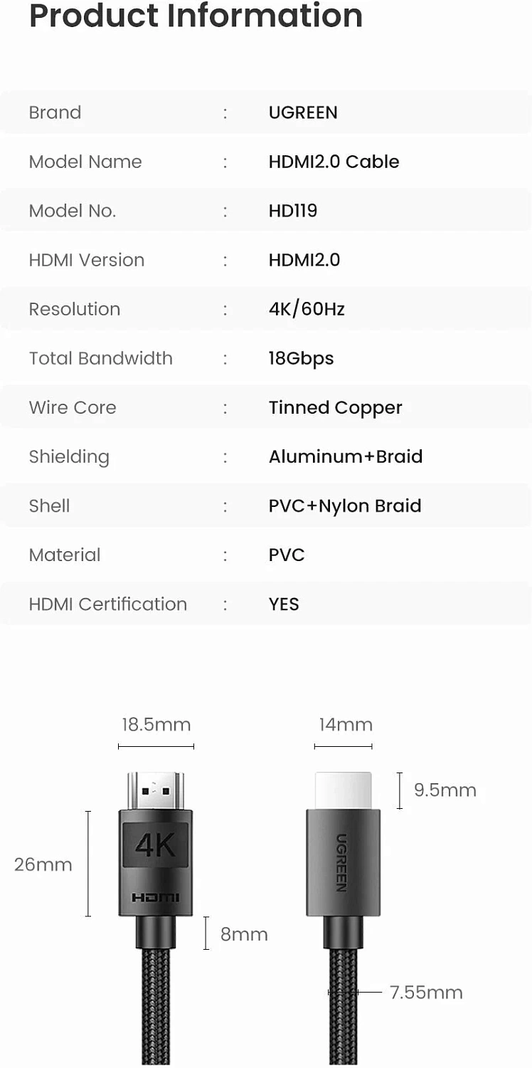 40102 Кабель UGREEN HD119 4K HDMI Cable Male to Male Braided. Длина 3м. Цвет: черный